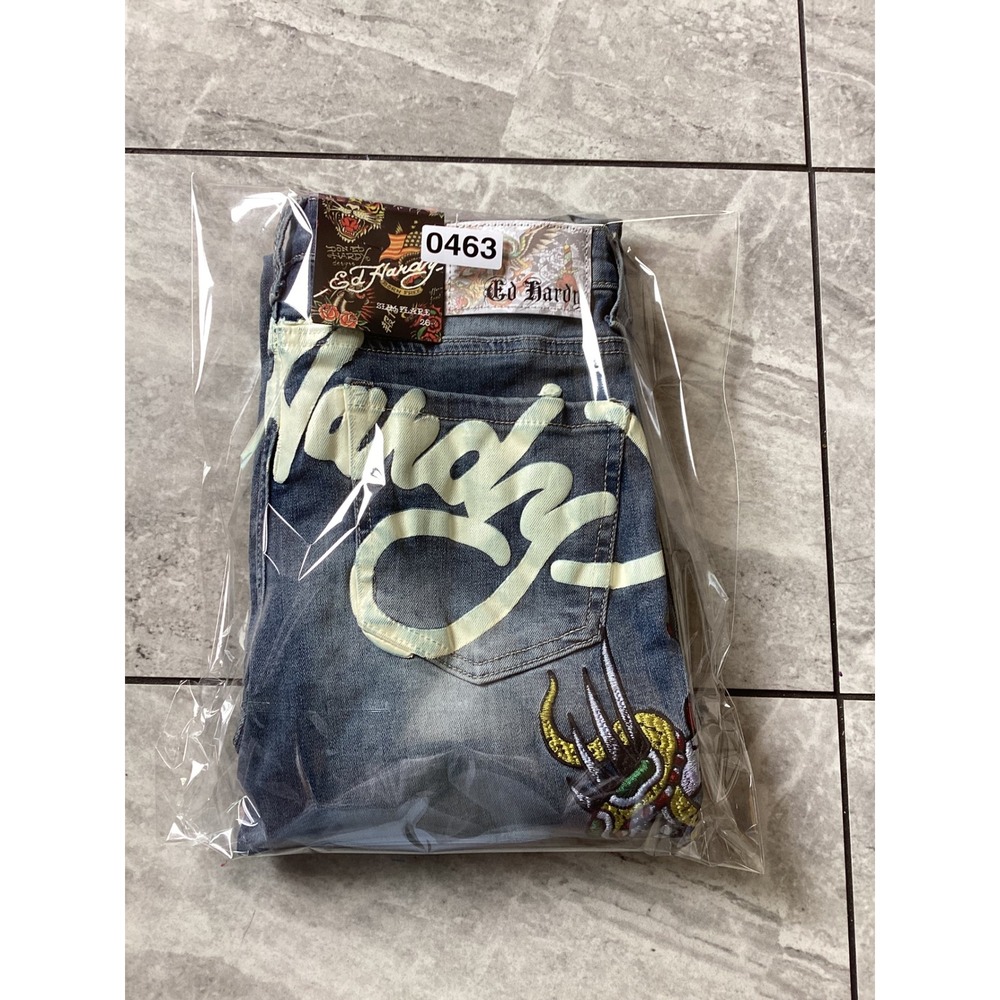 Ed Hardy Slim Flare Jeans Womens 26 Medium Vintage Blue Tattoo Embroidered Logo - Picture 12 of 12